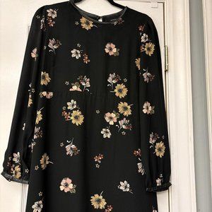 Who What Wear Women's Black Floral Print Long Sleeve Leather Trim Dress Size M